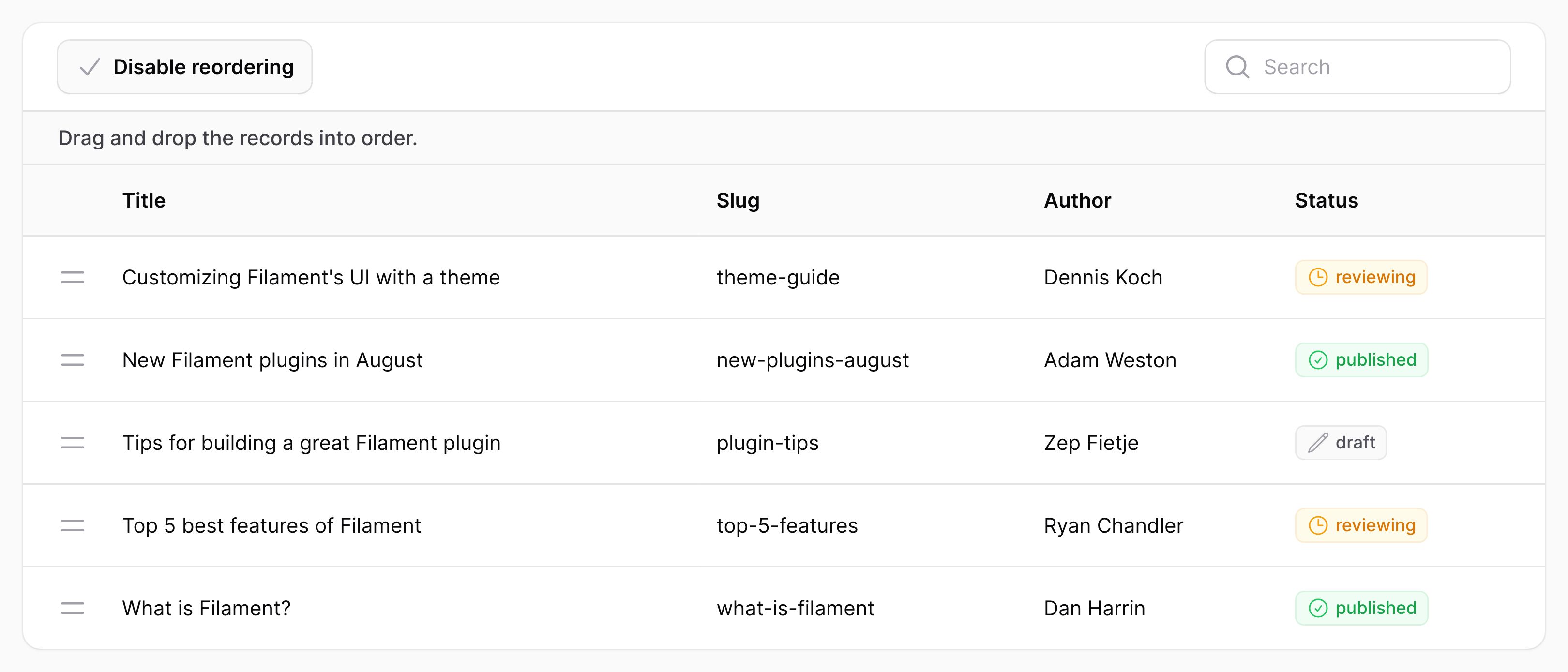 Table with reorderable rows and a custom trigger action