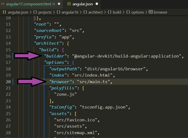 añadiendo builder application en angular.json con angular 17