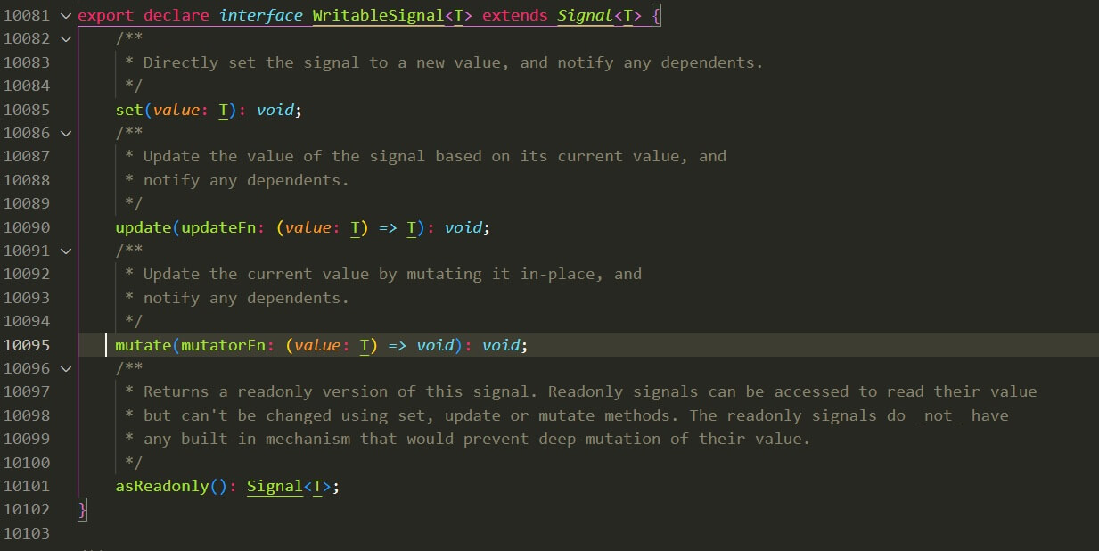 Muestra el método mutate de la clase signal de @Angular/core
