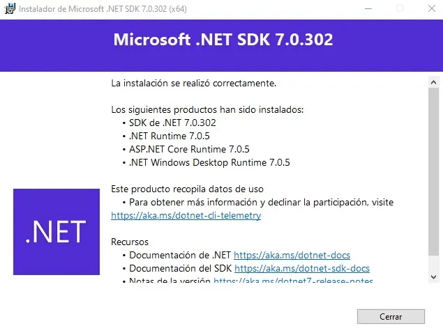 Pantalla de instalación de .NET 7