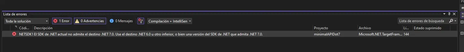 Error NETSDK al intentar ejectuar el proyecto de .NET 7 con VS 2022