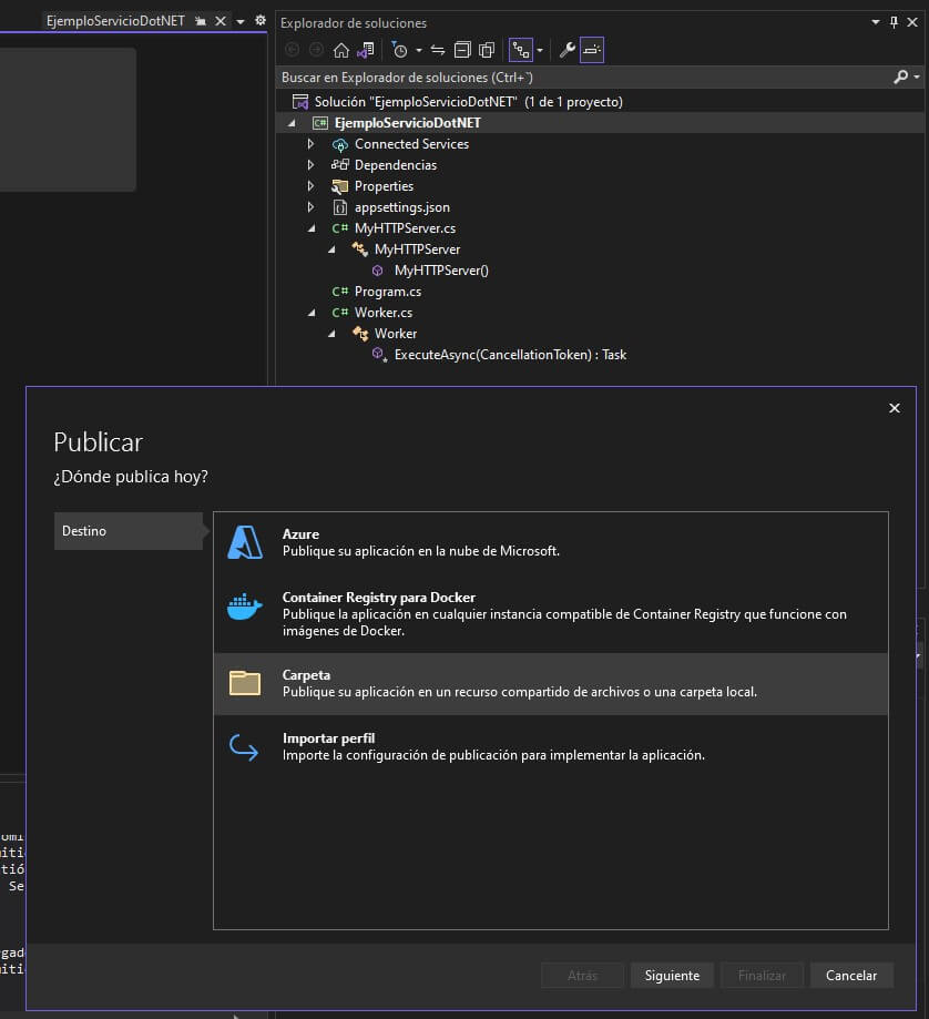 Publicar servicio de Windows con Visual Studio