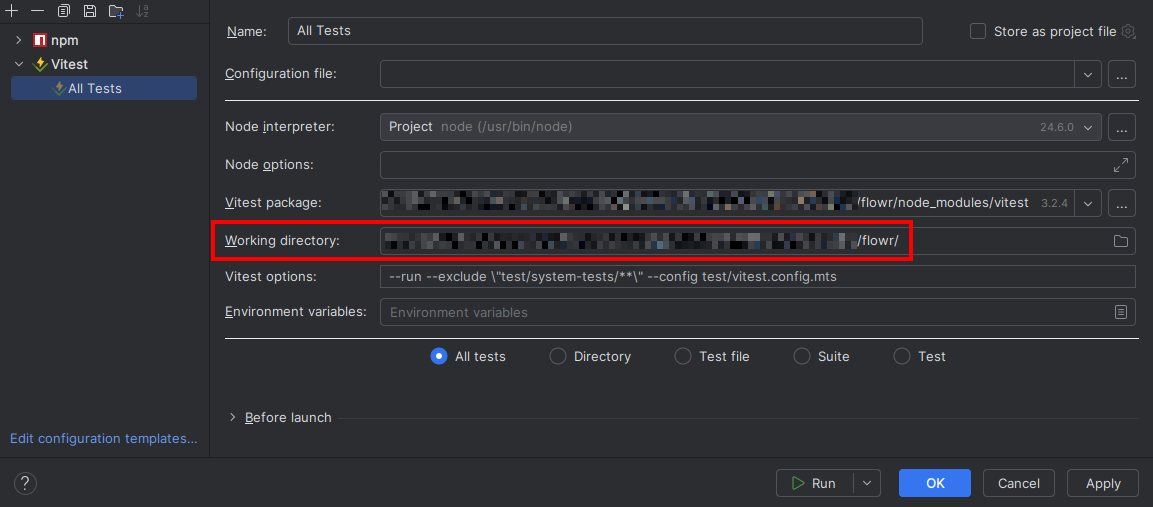 Webstorm test configuration