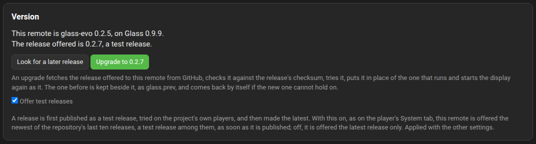 The bundle's Version panel with Offer test releases on