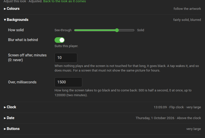 The Backgrounds section with Screen off after and Over, milliseconds