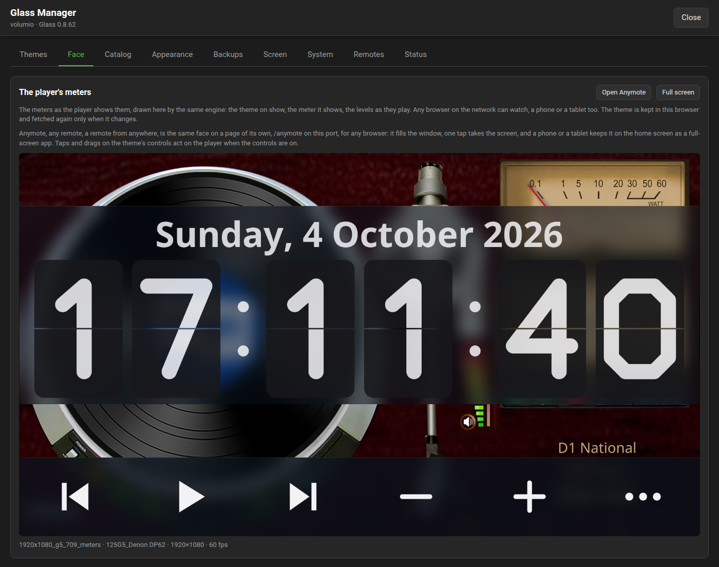 The Face tab, here carrying the Glass interface: the theme with glass-evo's date, a flip clock and the bar of controls, the player standing still