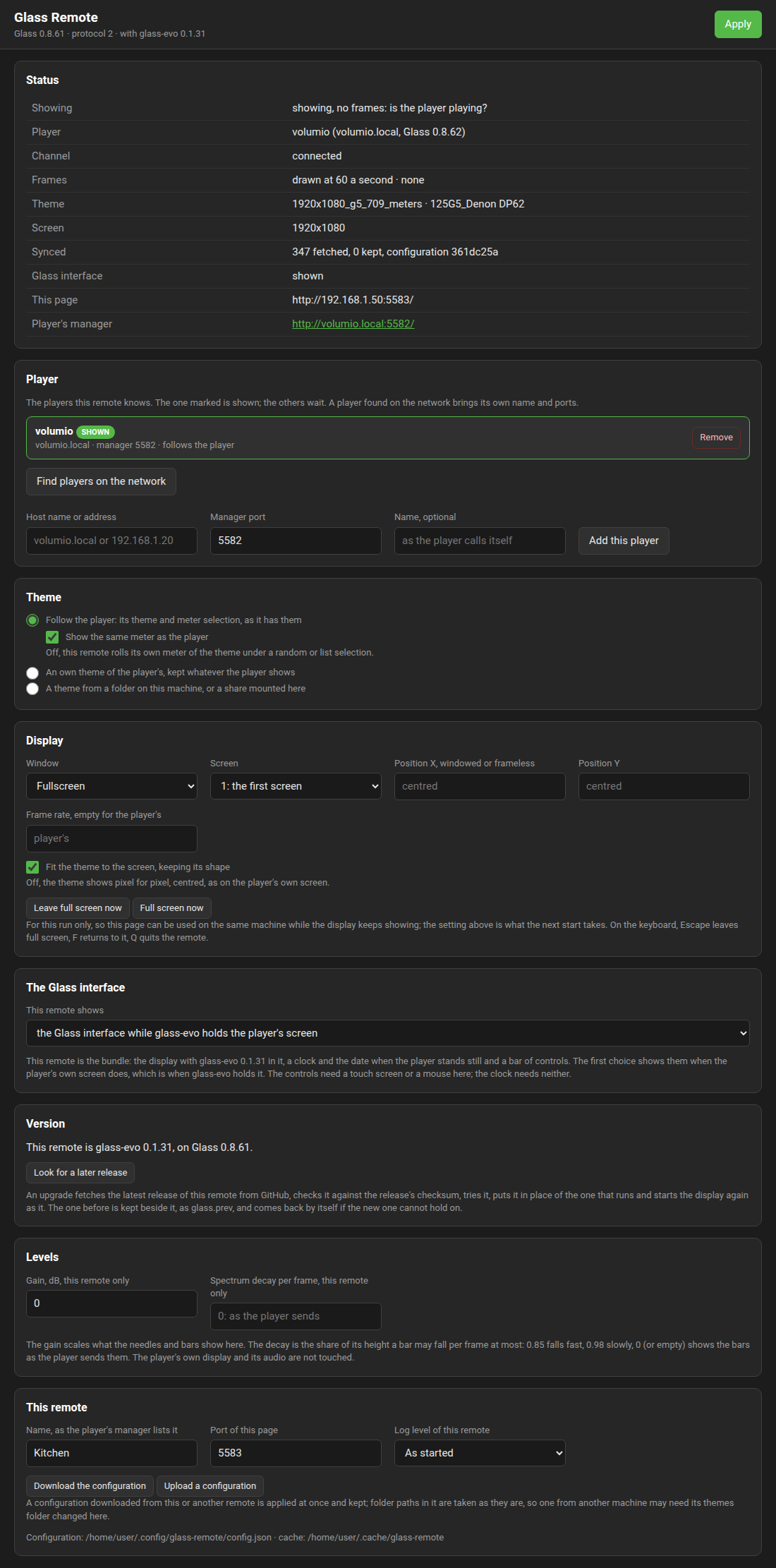 The settings page of a bundle: the Glass interface panel, and the Status row that says whether it is shown