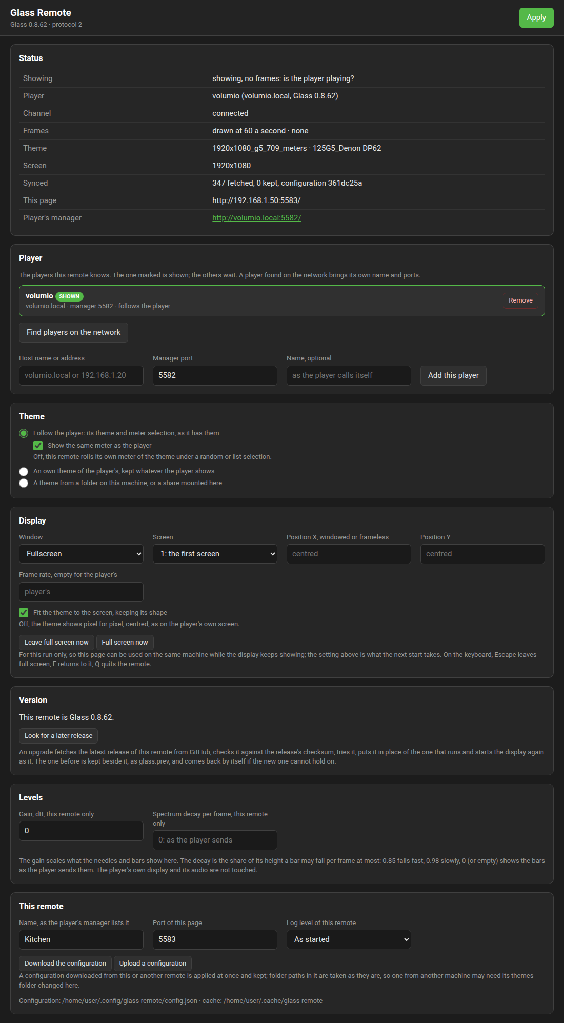 The remote's settings page