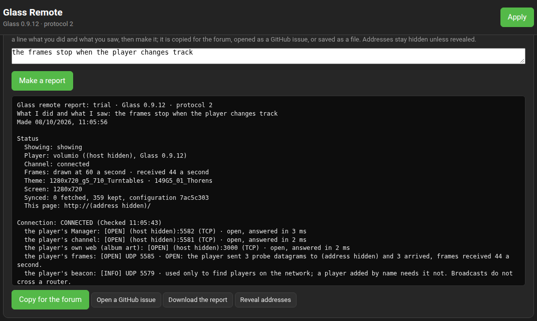 The Report panel on a remote's page: the report made, with its buttons