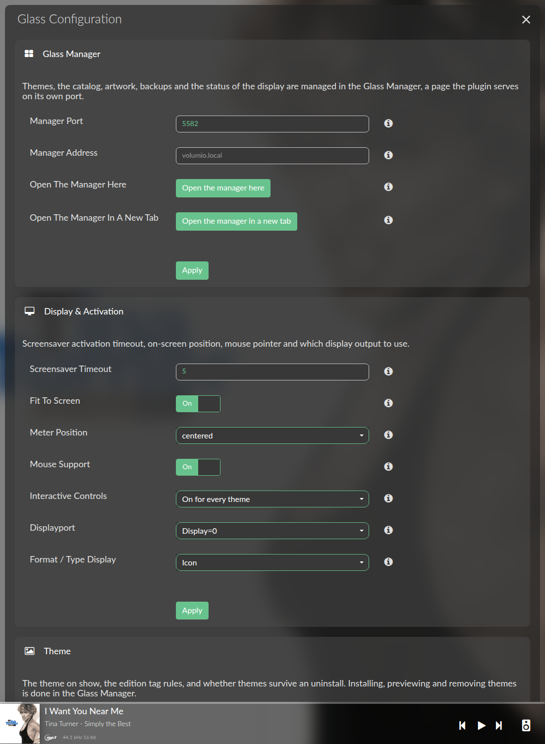 The settings page