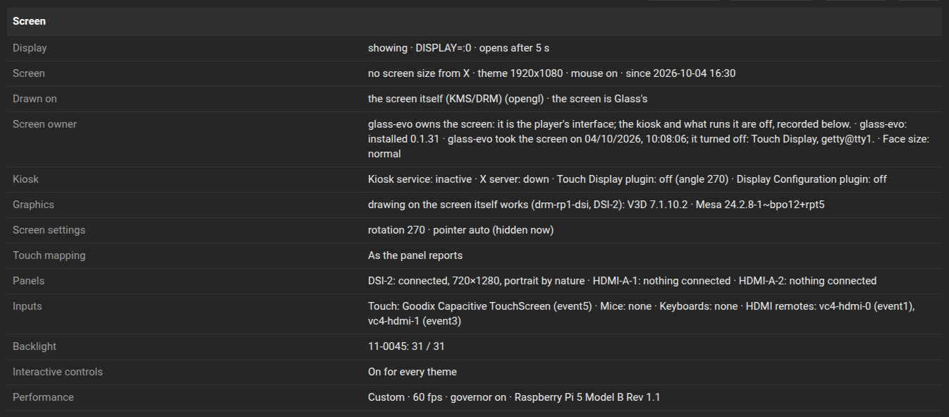 The Status tab's Screen section