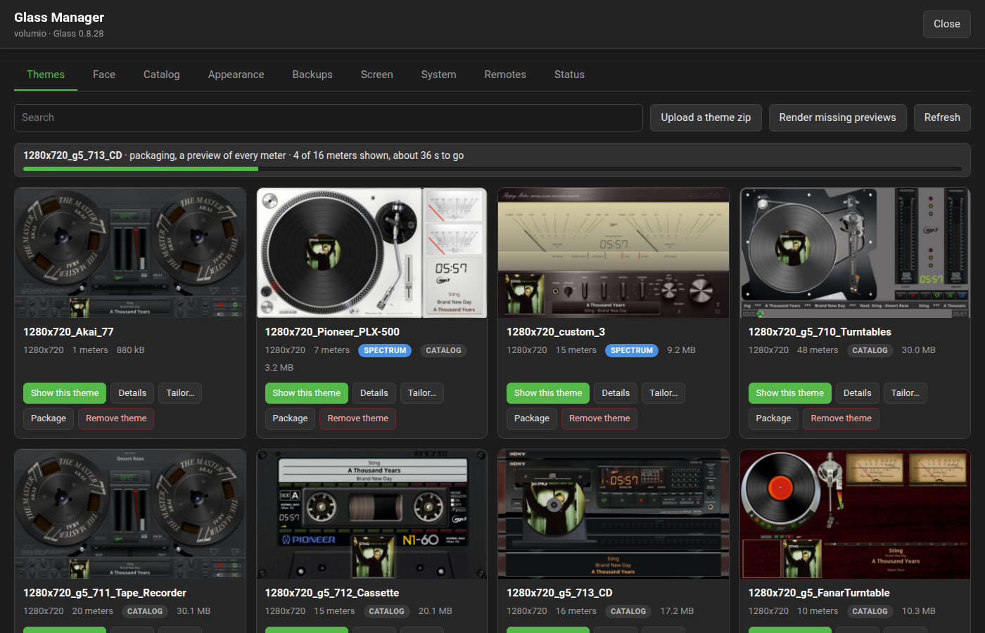 A package job on the Themes tab, the meters counted