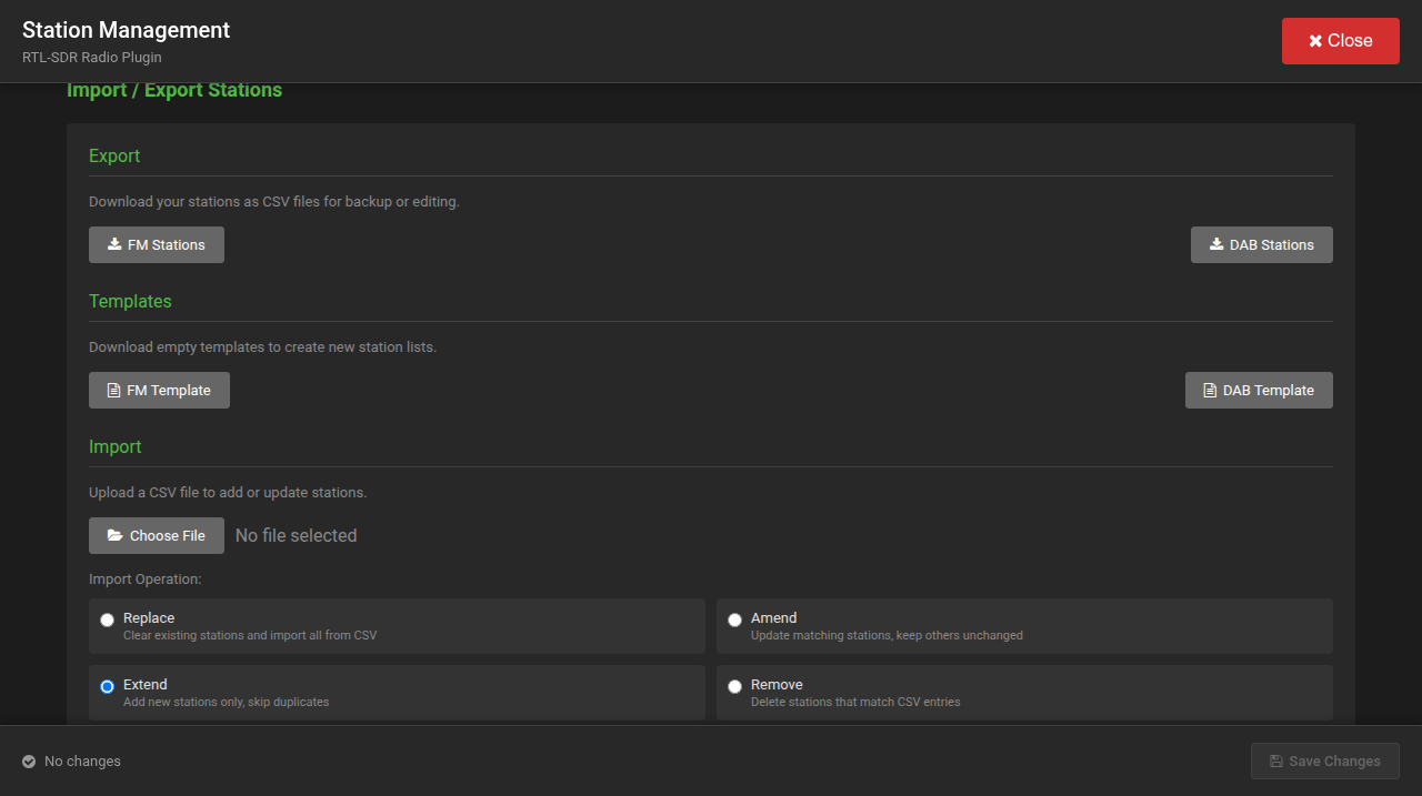 The Import / Export Stations section: export, templates, and import with its four operations