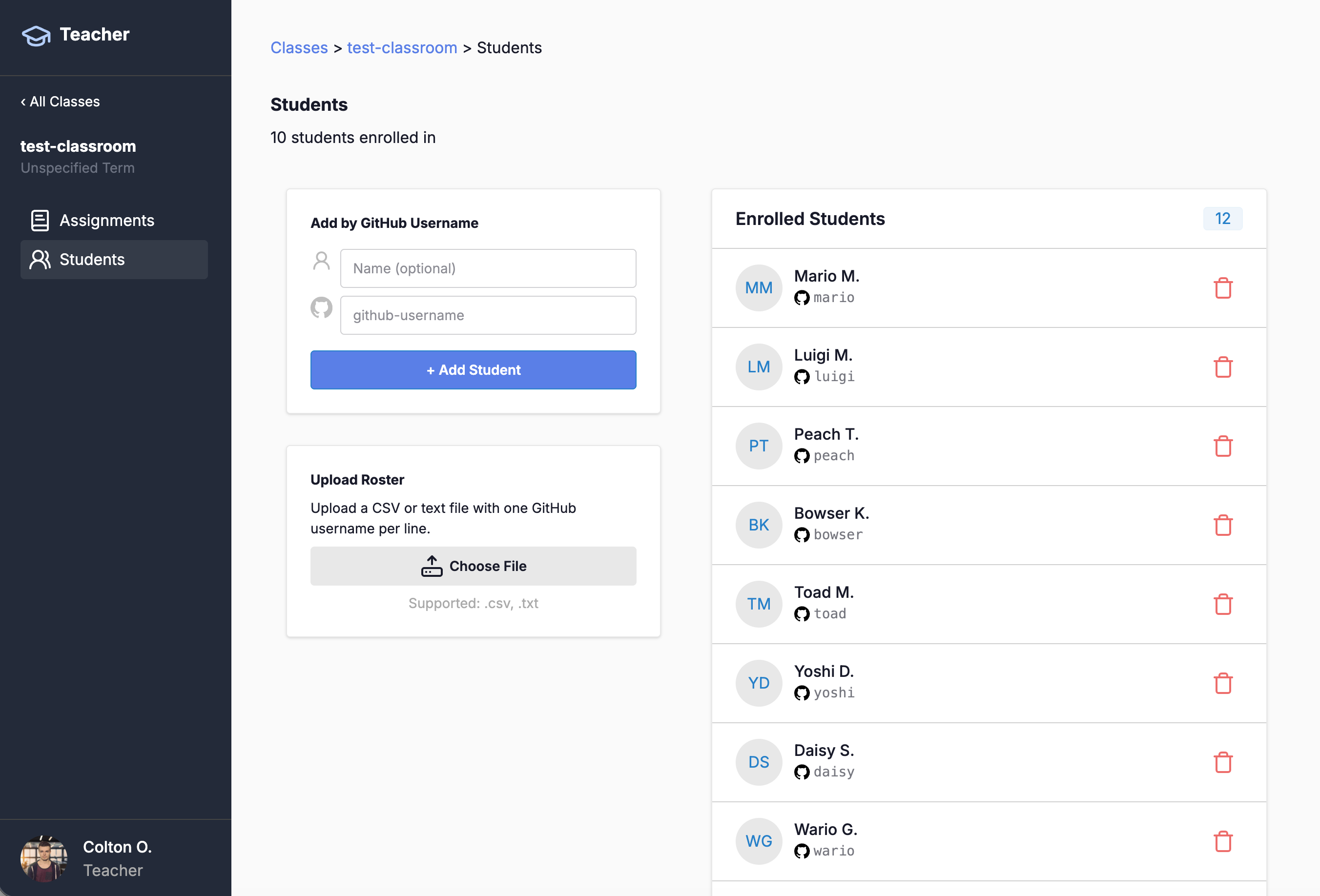 Students roster view