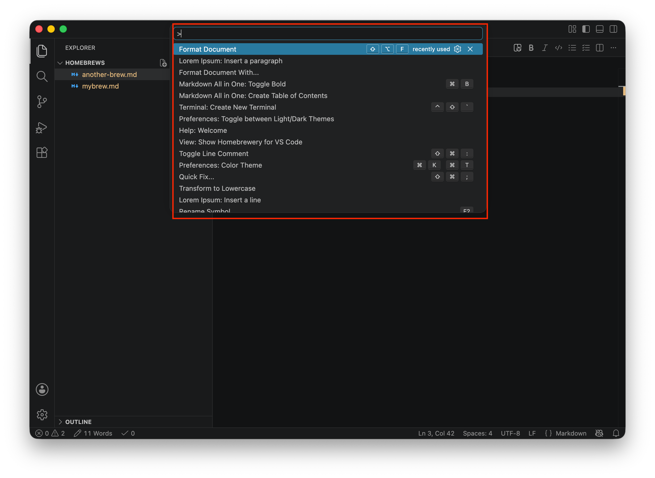 Screenshot that shows the Command Palette.