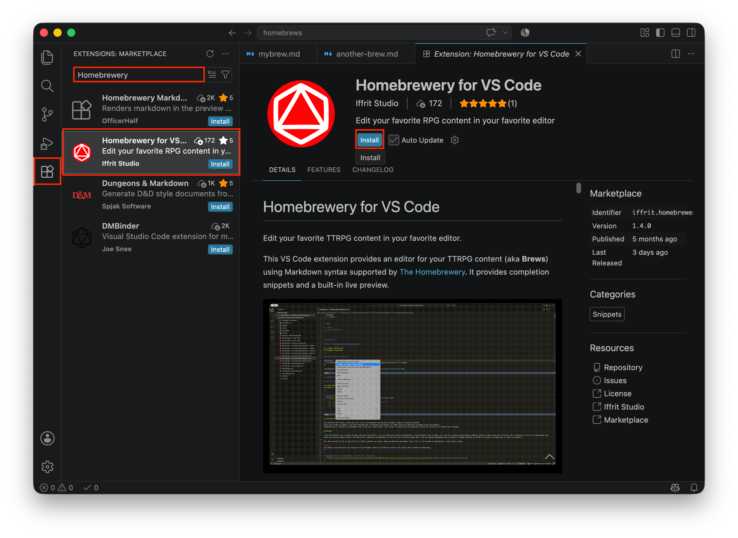 Screenshot that shows the Extensions view, and the install process for the extension.