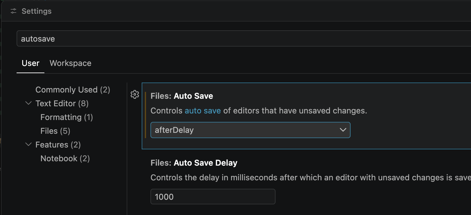 Screenshot that shows the Auto Save dropdown in the Settings Editor.