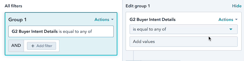 HubSpot company Buyer Intent filter example