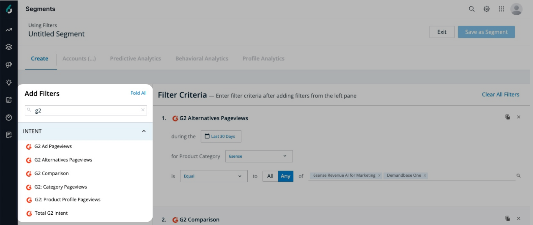 image showing g2 buyer intent filters in 6sense