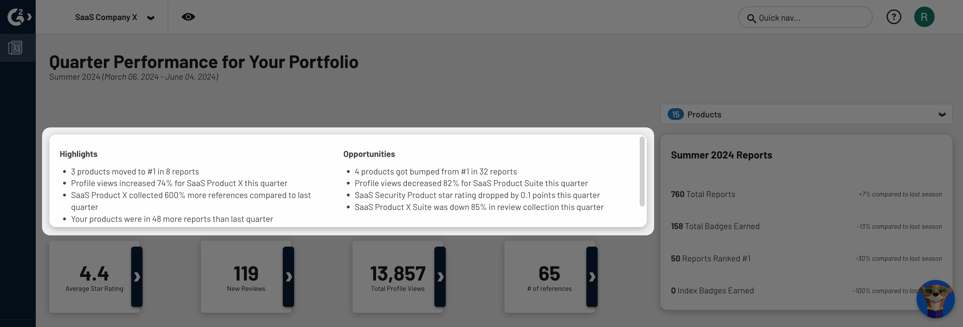 image showing the highlights and opportunities panel in G2 executive summary