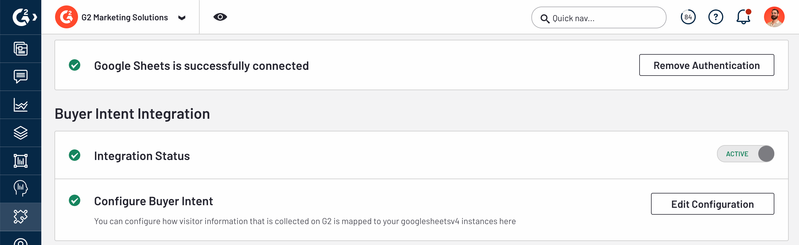 A successful implementation setup screen that shows that Google Sheets access is authenticated, the Integration Status is active, and Buyer Intent is configured. 