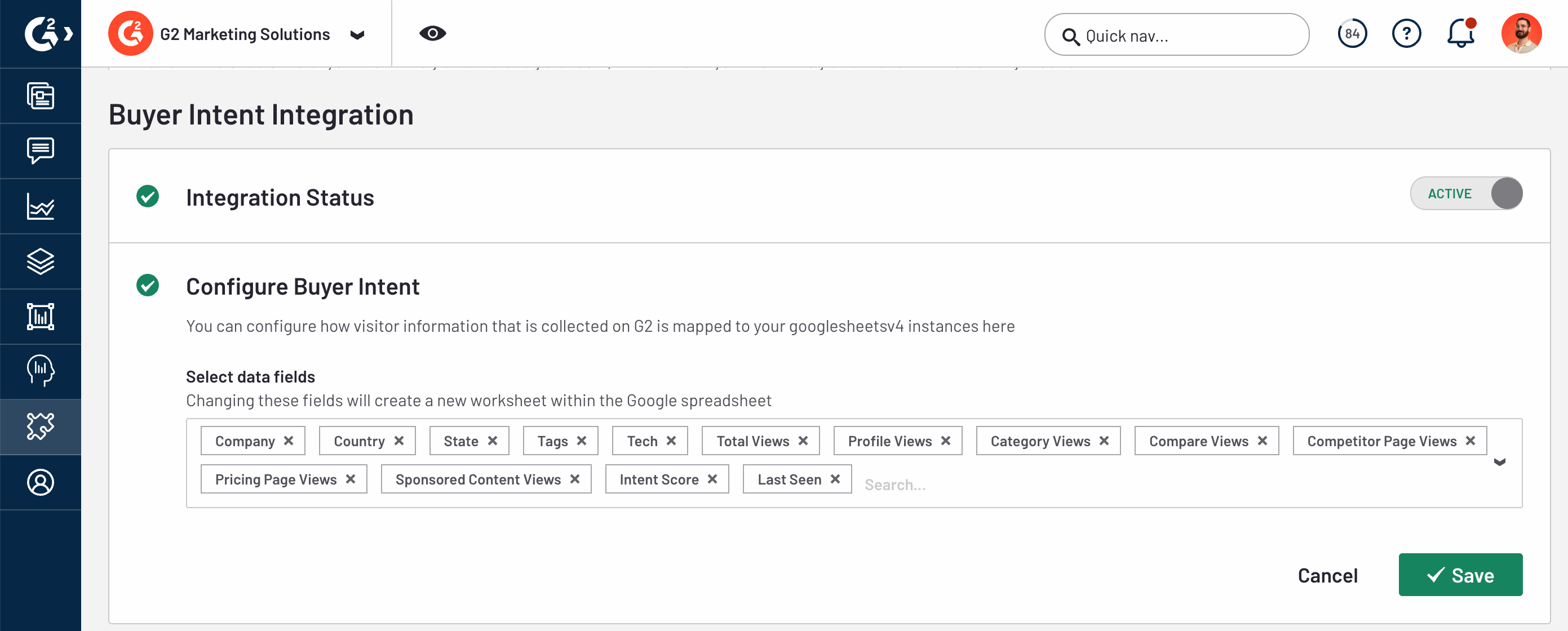 The Buyer Intent Configuration search panel. The search bar is pre-populated with default fields.