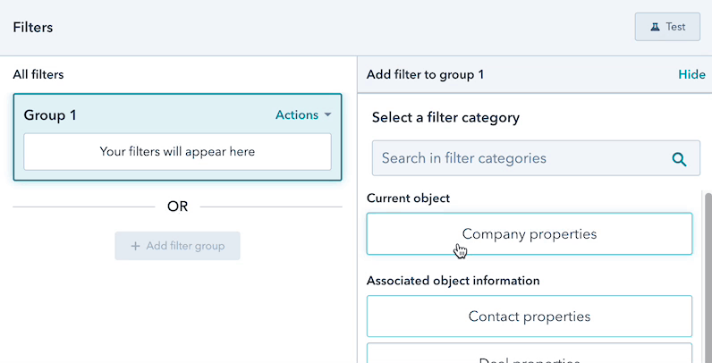 HubSpot companies profile view filter 1