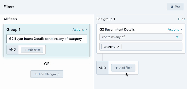 HubSpot companies with category signals filter 2