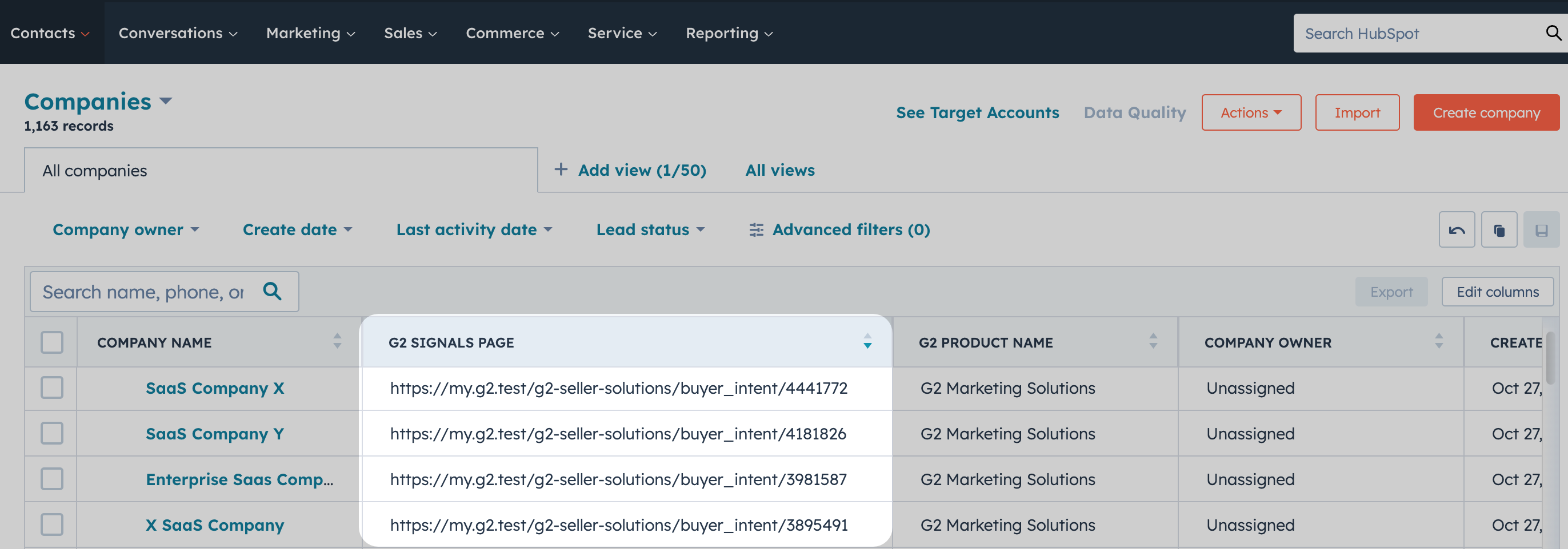 image showing G2 signals page column within the hubspot workspace