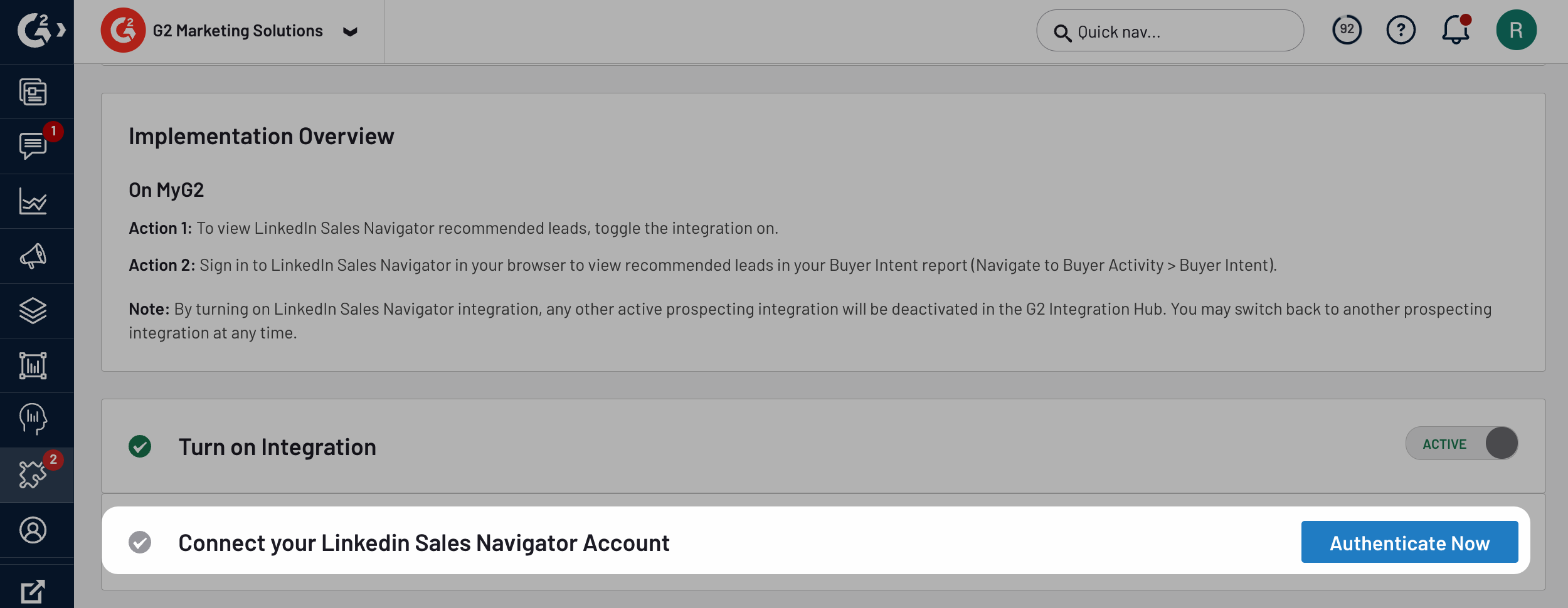 image showing authenticate now button in the integration hub for linkedin sales navigator