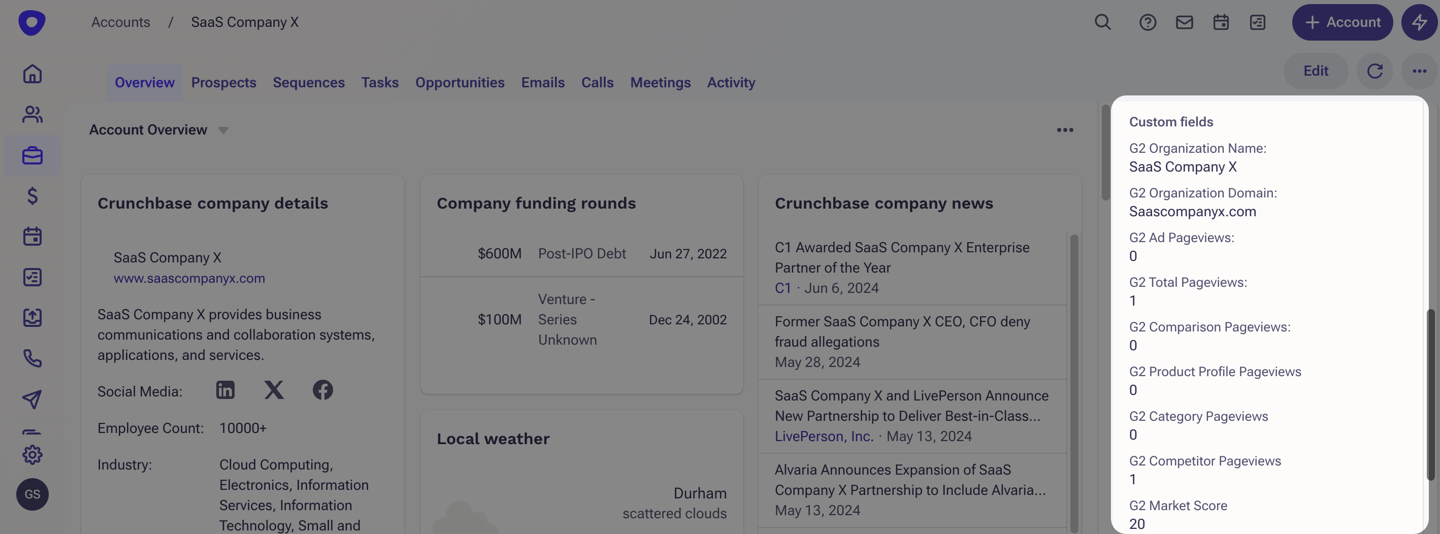 image showing G2 data in the custom fields panel in Outreach