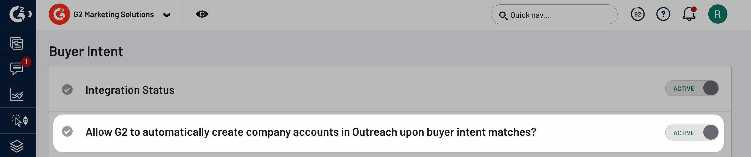 image showing the allow g2 to automatically create company accounts in Outreach slider in my.G2