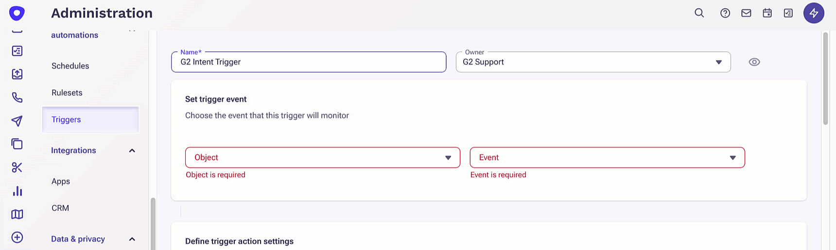 demonstration showing how to set trigger event in Outreach