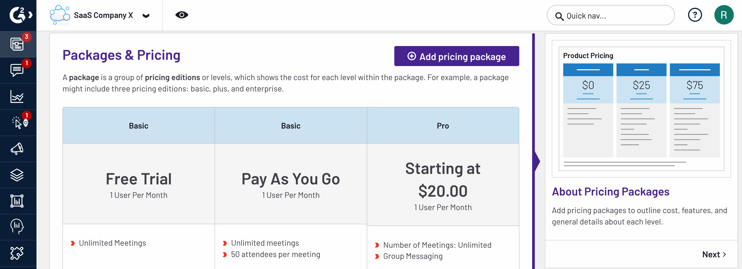 images showing packages and pricing tab in my.g2