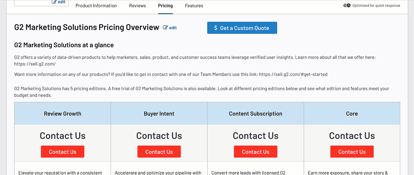 demonstration of selecting get a custom quote button on the pricing page