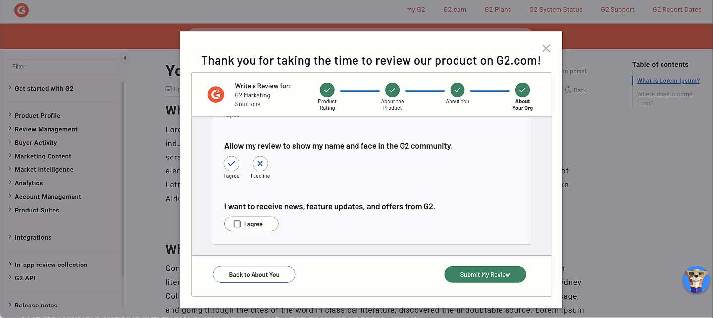 A demo of the review submission process, where a user is taken to the standard G2 login page after submitting their review.