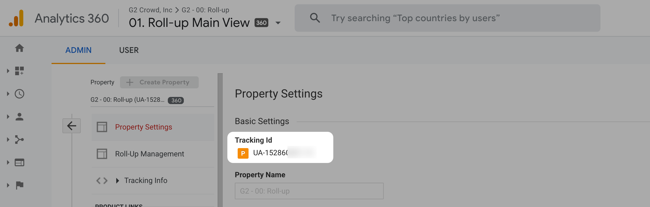 This screenshot shows how to copy a Tracking Id within your Analytics 360 property