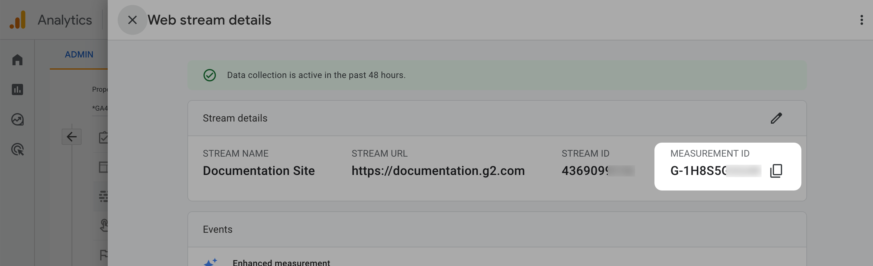This screenshot shows how to copy a measurement ID within the GA4 web stream