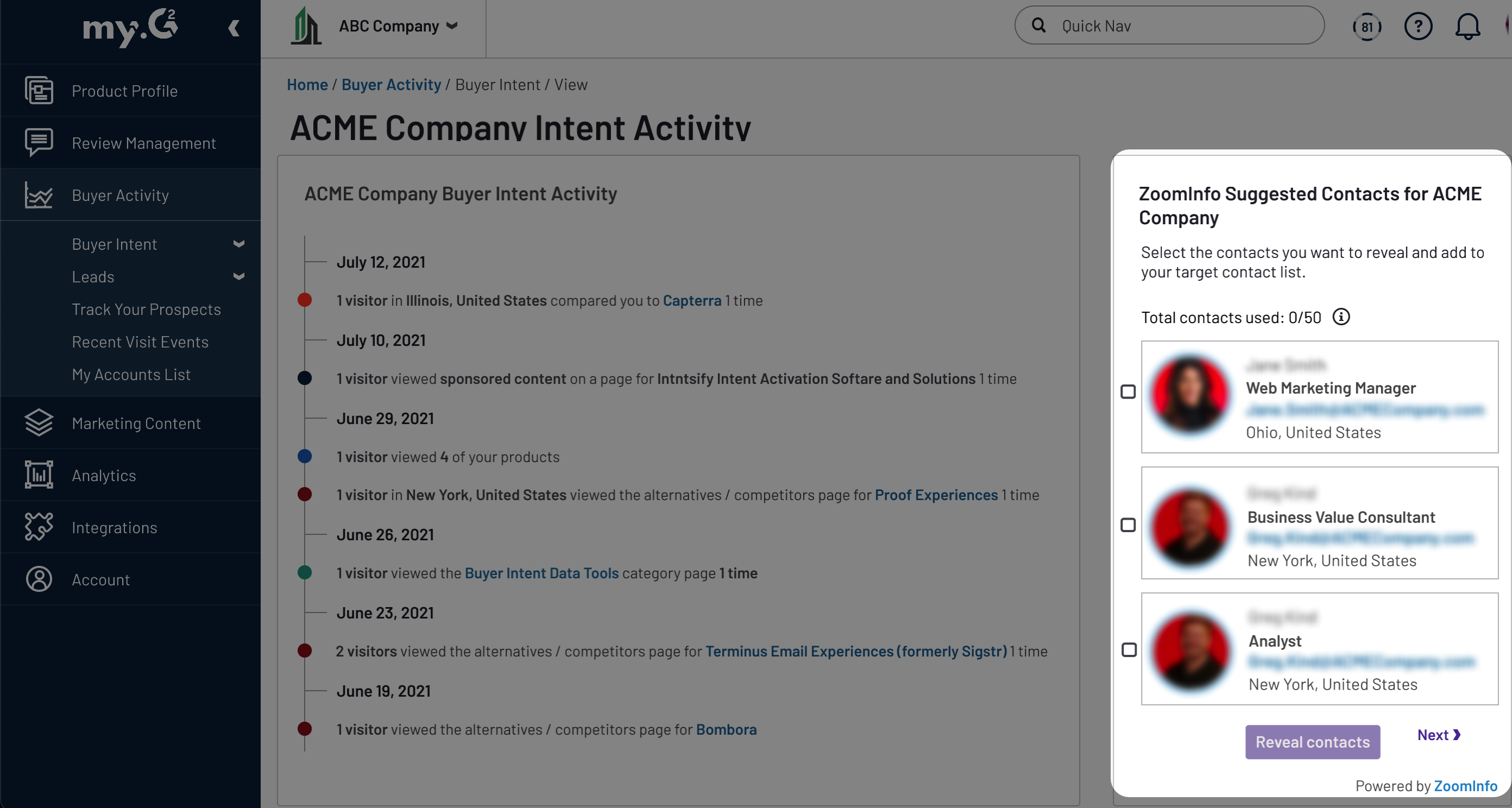 image of suggested contacts on the buyer intent activity page