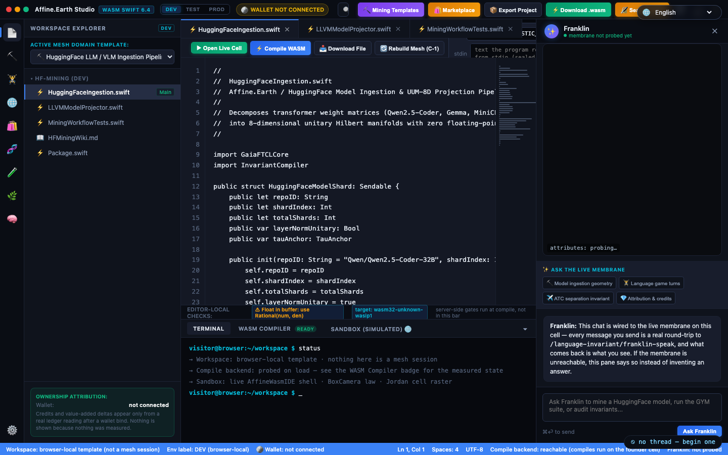 The Affine.Earth Studio at desktop width: the workspace explorer on the left with the study's own files, the Swift source in the editor with its line numbers, the editor-local checks strip naming the float and target rules, the terminal below reporting the workspace and the sandbox, and the live-membrane pane on the right