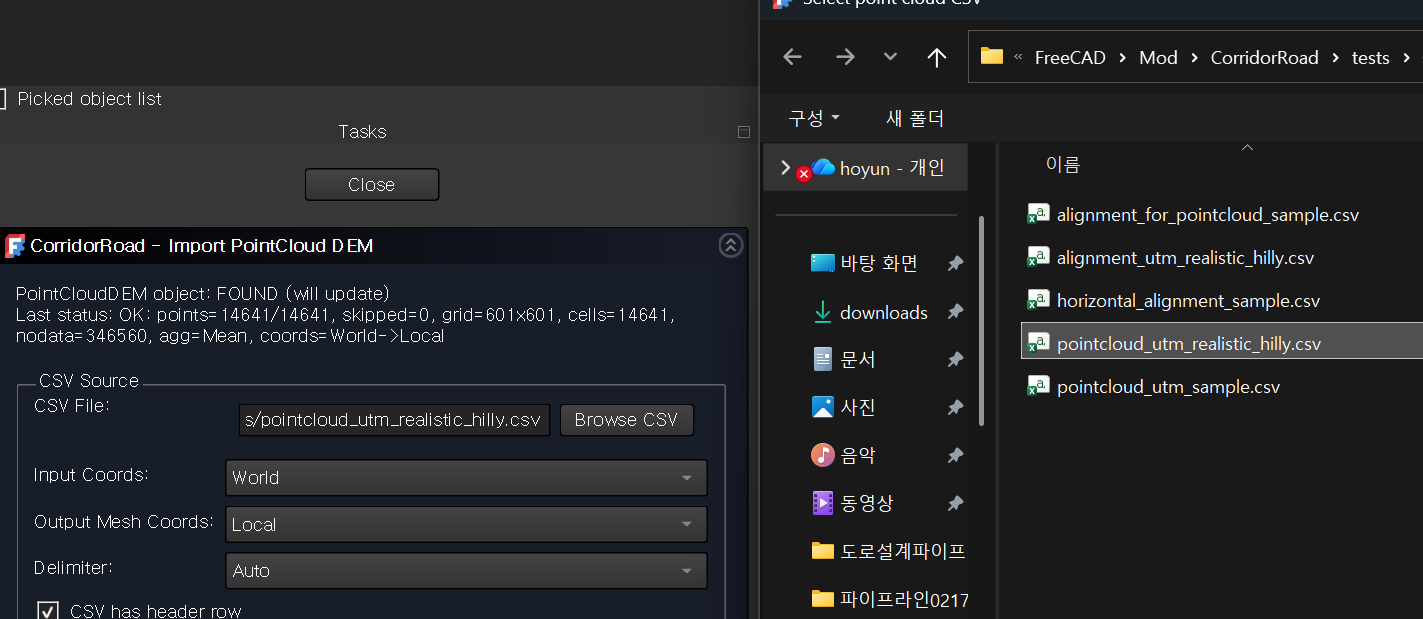 PointCloud DEM import panel with valid CSV selected