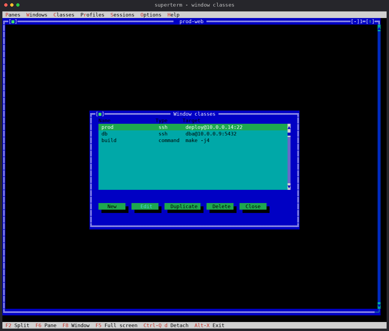 The window class manager listing SSH and local classes