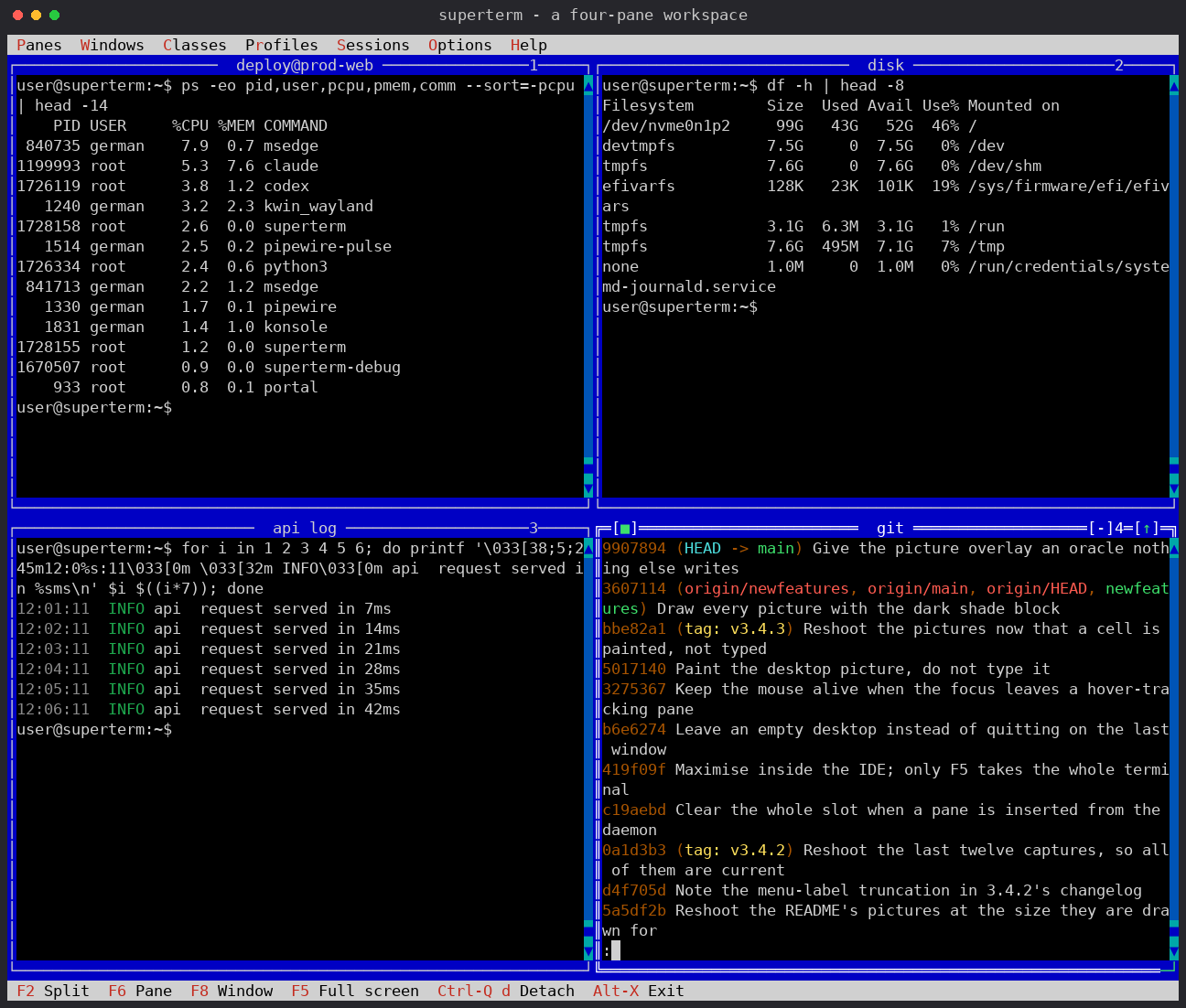 Four-pane superterm workspace