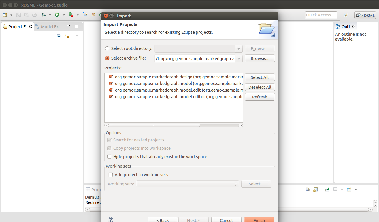 Importing existing projects from the archive file
