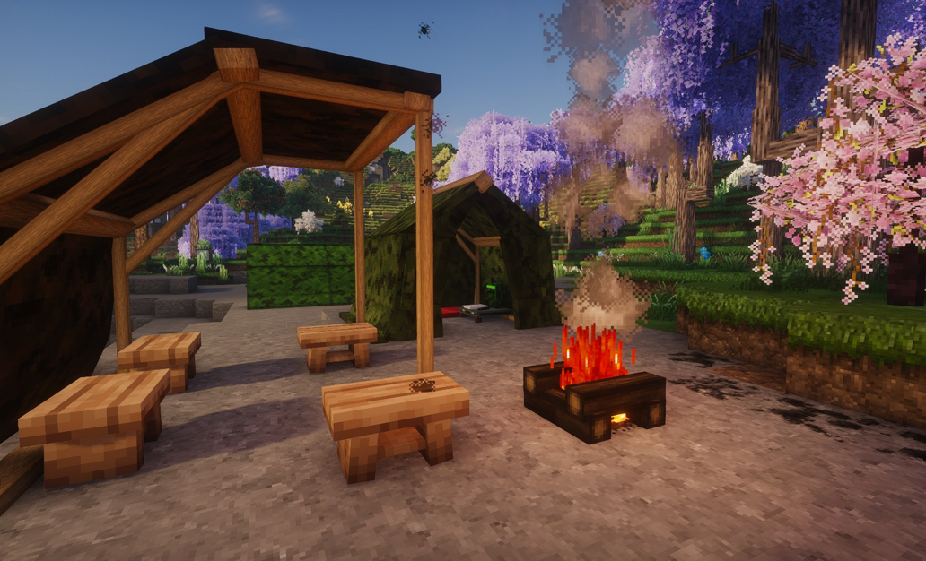 A complete field camp with a shelter and campfire