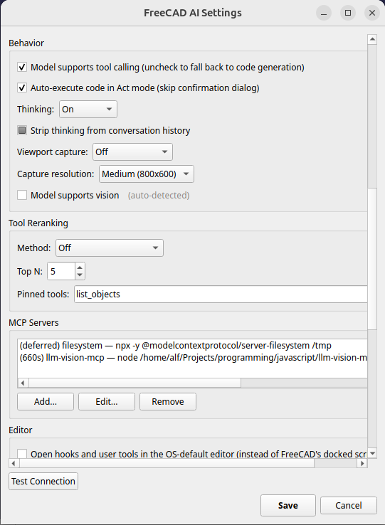 Settings dialog — Behavior, Tool Reranking, MCP Servers