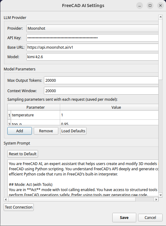 Settings dialog — LLM Provider, Model Parameters, System Prompt
