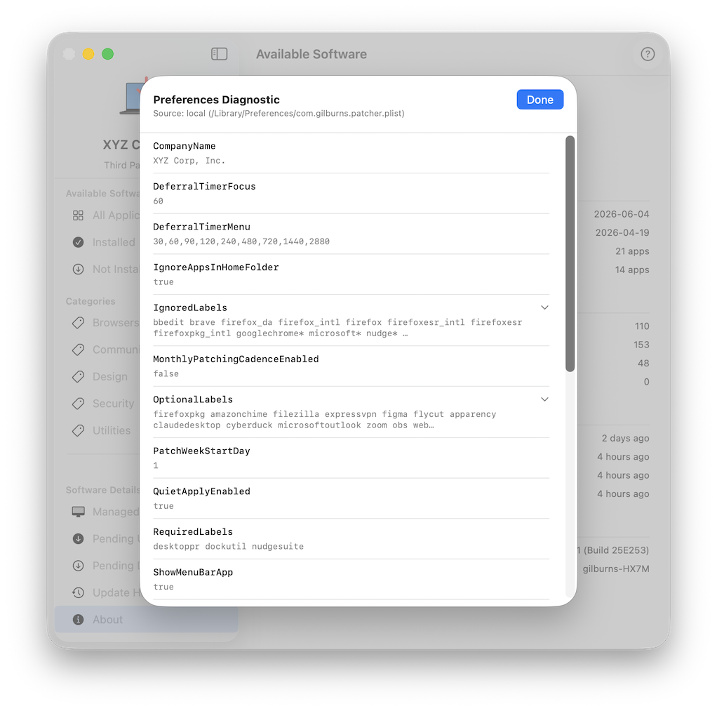Preferences Diagnostic sheet