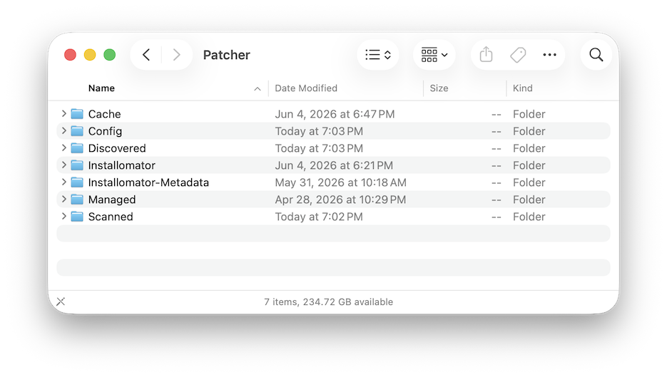 Finder window showing the Patcher Application Support layout