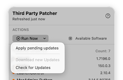 Actions section — Run Now dropdown open